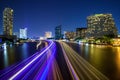 Light effects over time after sunset on Chao Phraya river in Ban