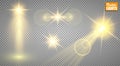 Light effects. A set of golden shining lights isolated on a transparent background. The flash flashes with rays and a Royalty Free Stock Photo