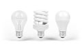 Light emitting diode, incandescent bulb and compact fluorescent lamp. Light bulbs isolated on white. CFL. LED.