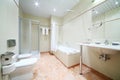 Light and empty bathroom with white bath, toilet