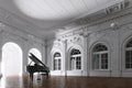 3d render of light in empty classic museum room with grand piano through the opened door Royalty Free Stock Photo