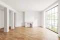 Light empty room interior with fireplace, panoramic window and column Royalty Free Stock Photo