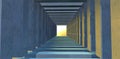 A light in the end of a tunnel. Concrete square structures are lined up. The sun shines at the end. 3d render Royalty Free Stock Photo