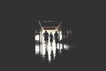 Silhouettes of people in a long dark corridor. The ghosts of a woman and child. Dark creepy hallway with ghosts. Royalty Free Stock Photo
