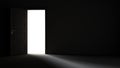 Light entering from open door to dark room realistic 3D rendering Royalty Free Stock Photo