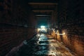 Light and exit in end of dark long brick abandoned industrial tunnel or corridor or sewer channel, way to freedom concept Royalty Free Stock Photo