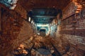 Light and exit in end of dark long brick abandoned industrial tunnel or corridor or sewer channel, way to freedom concept Royalty Free Stock Photo