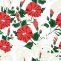 Light exotic monstera and palm leave, red hibiscus flowers branch seamless pattern. Royalty Free Stock Photo