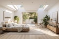 Sunny White Spacious Bedroom with Skylight and Garden View and Skylights