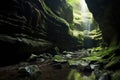 light filtering through crevices onto mossy cave floor