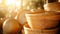 The light filtering through intricate handwoven baskets and other artis crafts