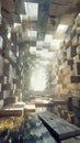 Light filters through the spaces between the cubes adding to the surreal ambiance