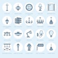 Light fixture, lamps flat line icons. Home and outdoor lighting equipment - chandelier, wall sconce, desk lamp, light Royalty Free Stock Photo