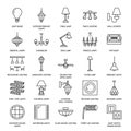 Light fixture, lamps flat line icons. Home and outdoor lighting equipment - chandelier, wall sconce, desk lamp, light