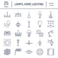 Light fixture, lamps flat line icons. Home and outdoor lighting equipment - chandelier, wall sconce, desk lamp, light