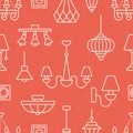 Light fixture, lamps seamless pattern, illustration. Vector icons of home lighting equipment - chandelier, power socket Royalty Free Stock Photo