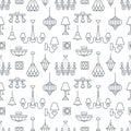 Light fixture, lamps seamless pattern, line illustration. Vector icons of home lighting equipment - chandelier, table Royalty Free Stock Photo