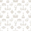 Light fixture, lamps seamless pattern, line illustration. Vector icons of home lighting equipment - chandelier, table Royalty Free Stock Photo