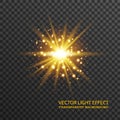 Light flare in golden color isolated on transparent background. Sun rays, glowing stars, sparkles with glow effect