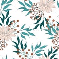 Light floral seamless pattern. Big pink flowers with green leaves and red berries hand-drawn on a white background. Textile Royalty Free Stock Photo