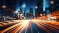 Motion blur with light flow of traffic on a evening highway in a city with modern high buildings Royalty Free Stock Photo