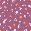 Light flowers, leaves, berries, hearts and orange blossom on a calm pink-purple background. Spring doodle simple pattern.
