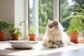 light, fluffy, long-haired cat sits on the windowsill by the window during the summer, next to vases with plants and a plate