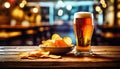 Light foamy beer with potato crisps on bar background, chips snack and cold bar beverage, food and drink