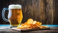 Light foamy beer, potato crisps on wooden background, chips snack and cold bar beverage, food and drink Royalty Free Stock Photo