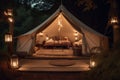 camping glamping canvas vacation forest luxury light travel nature tent. Generative AI.