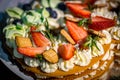 Light and fresh cake. Refined dessert made from meringue topped with low-fat whipped cream, mint leaves and strawberries