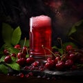 Light fruit beer and cherries on dark background. Craft cherry beer or red ale or belgian kriek in a high beer mug. Cold light Royalty Free Stock Photo