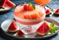 A light fruit sorbet with layers of pureed watermelon, pureed cantaloupe