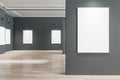 Light gallery interior with empty white posters, mock up place and wooden flooring. Mock up