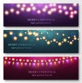 Light garland banners. Glowing light bulbs on strings, festive christmas party decor. Abstract xmas winter holidays Royalty Free Stock Photo