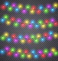 Light garlands. Christmas festive color lighting decoration with light bulbs on wires. Winter holidays and festival