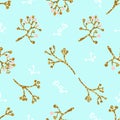 Light and gentle seamless pattern with golden flowers and leafs.