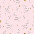 Light and gentle seamless pattern with roses and golden splashes.