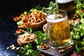 Light german beer poured into big glass, fresh green hops and bo Royalty Free Stock Photo