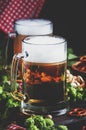 Light german beer poured into big glass, fresh green hops and bo Royalty Free Stock Photo