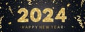 2024 light glitter number and golden confetti. Happy New Year greeting card. Merry Christmas border with text and decor