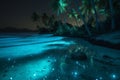 beach paradise tropical blue ocean night palm luminous sky tree vacation. Generative AI.