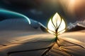 light glowing leaf in desert. Ai Generative Royalty Free Stock Photo