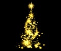 light gold christmas tree lights with snowflakes and yellow stars overlay pattern on black Royalty Free Stock Photo