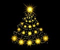 light gold christmas tree lights with snowflakes and yellow stars overlay pattern on black Royalty Free Stock Photo