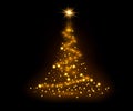 light gold christmas tree lights with snowflakes and yellow stars overlay pattern on black Royalty Free Stock Photo