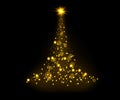 light gold christmas tree lights with snowflakes and yellow stars overlay pattern on black Royalty Free Stock Photo