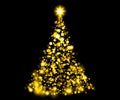 light gold christmas tree lights with snowflakes and yellow stars overlay pattern on black Royalty Free Stock Photo