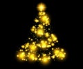 light gold christmas tree lights with snowflakes and yellow stars overlay pattern on black Royalty Free Stock Photo