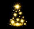 light gold christmas tree lights with snowflakes and yellow stars overlay pattern on black Royalty Free Stock Photo